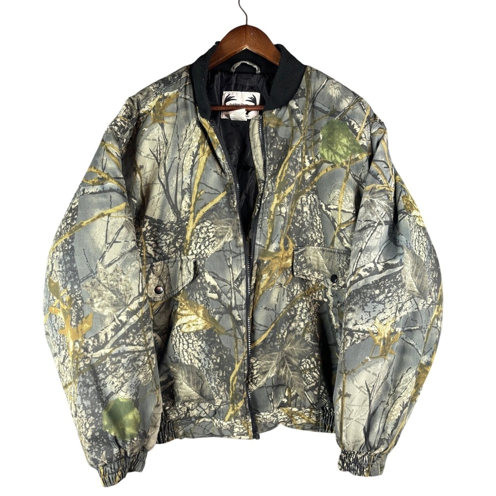 Outdoor Country Camo Bomber Jacket Men Large Green Tree Leaf Hunting Western